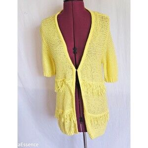 Peck & Peck Vibrant Summer Yellow Fringe Open Knit Cardigan Short Sleeves Sz S